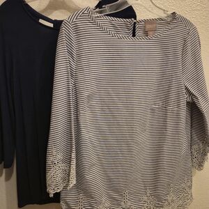 2 Chico's Sz 0 Solid Navy & White Striped Women's Tops 3/4 Sleeve Cut Out Embrod